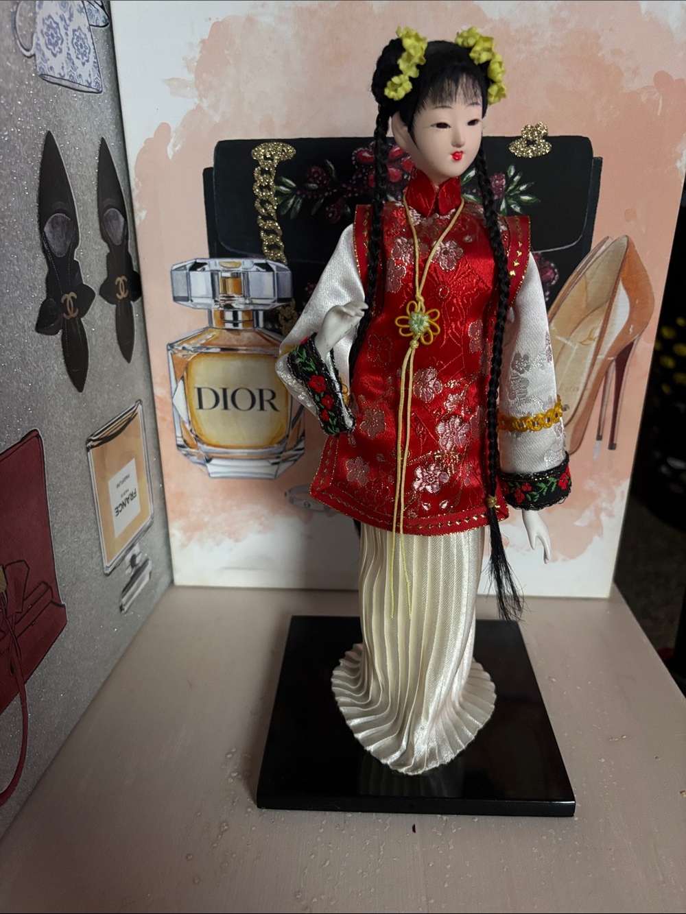 Porcelain Asian Inspired Doll in Red and White Decorative Dress